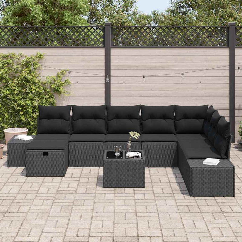 vidaXL Garden Sofa Set with Cushion 9 pcs Black Poly Rattan
