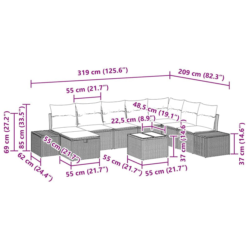 vidaXL Garden Sofa Set with Cushion 9 pcs Black Poly Rattan