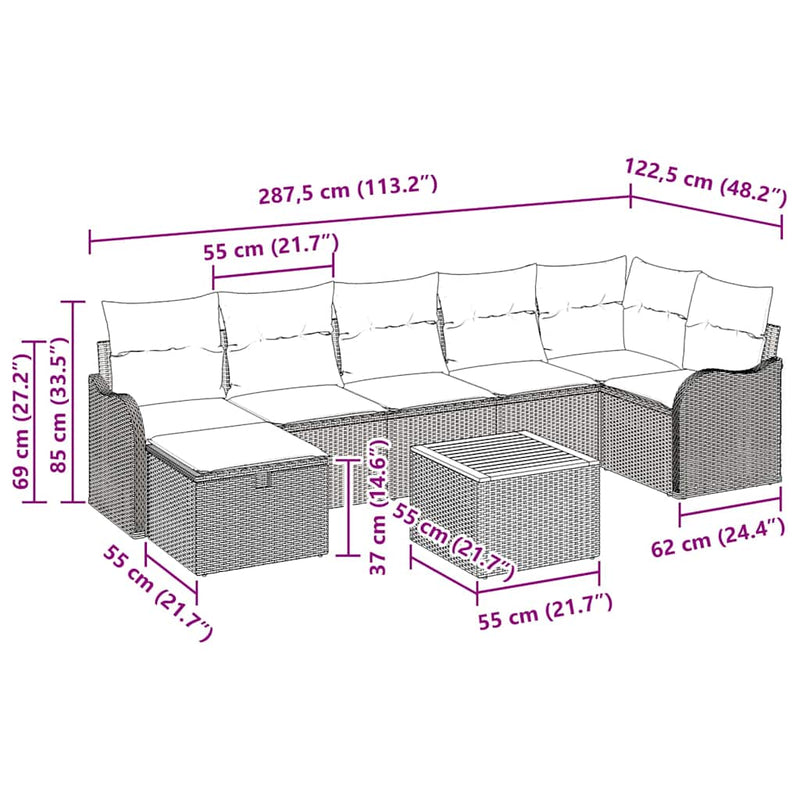 vidaXL Garden Sofa Set with Cushion 8 pcs Grey Poly rattan