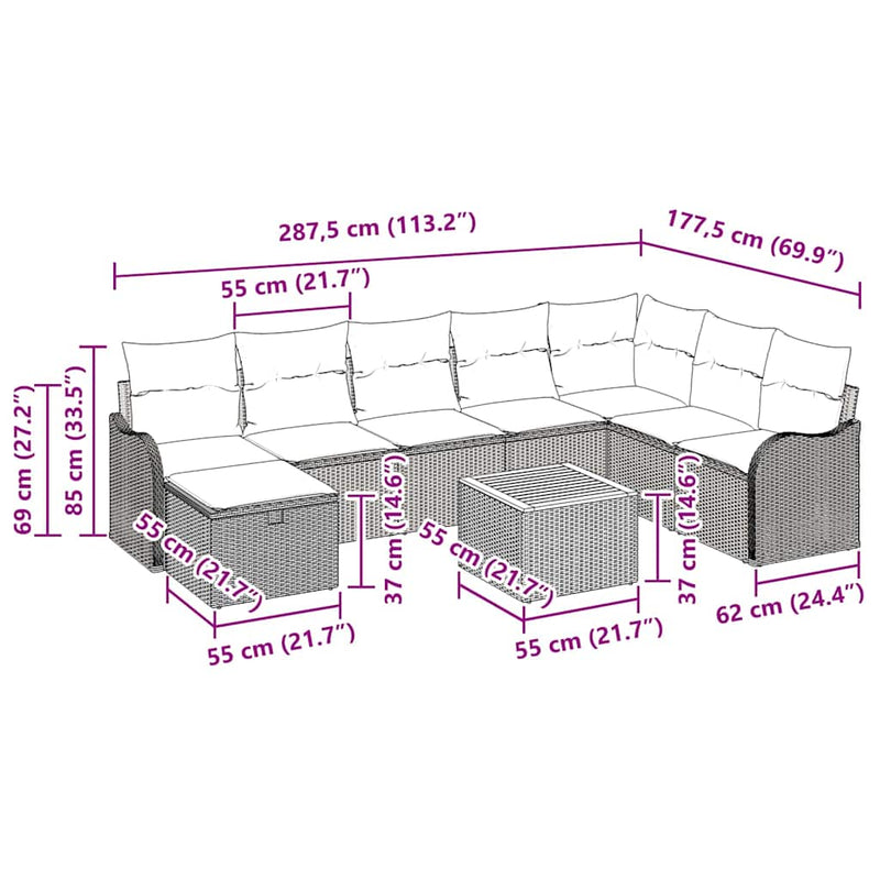 vidaXL Garden Sofa Set with Cushion 9 pcs Black Poly rattan