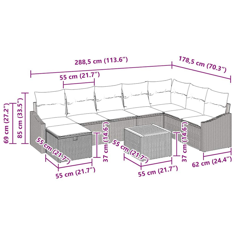 vidaXL Garden Sofa Set with Cushion 9 pcs Grey Poly rattan