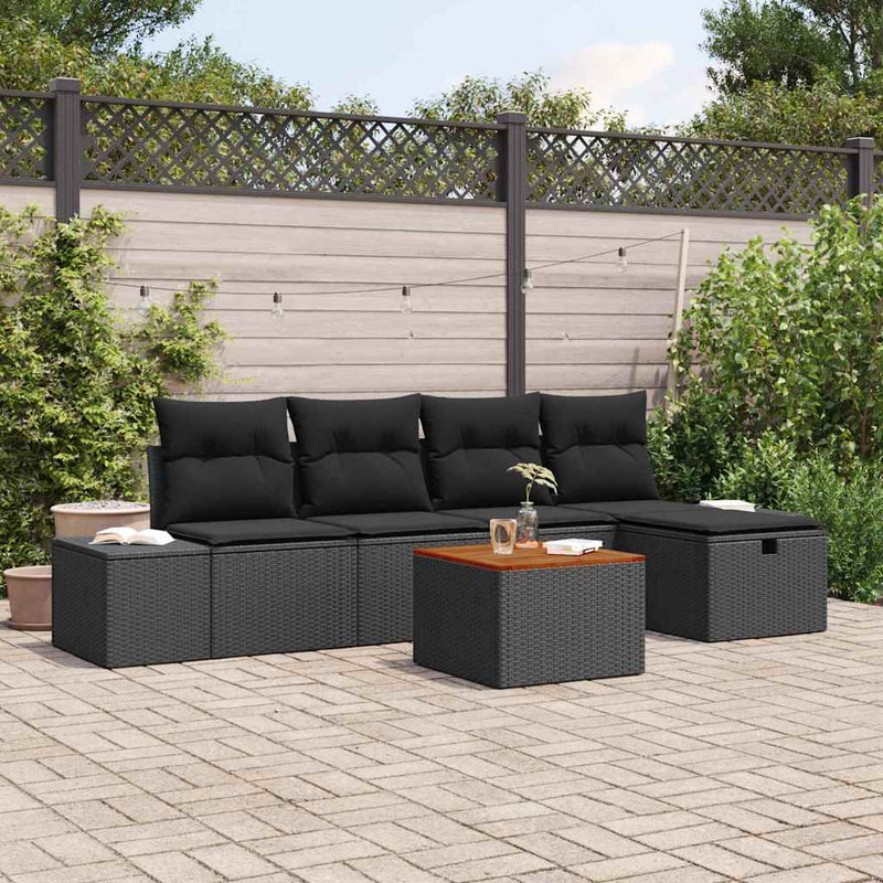 vidaXL Garden Sofa Set with Cushion 6 pcs Black Poly Rattan