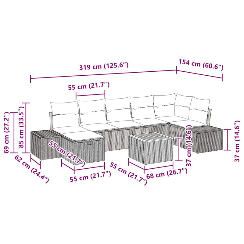 vidaXL Garden Sofa Set with Cushion 8 pcs Black Poly Rattan