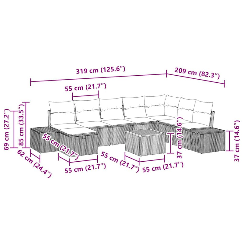 vidaXL Garden Sofa Set with Cushion 9 pcs Black Poly rattan