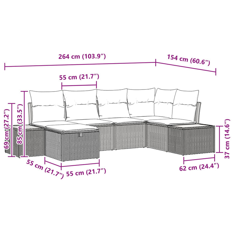 vidaXL Garden Sofa Set with Cushion 6 pcs Black Poly Rattan