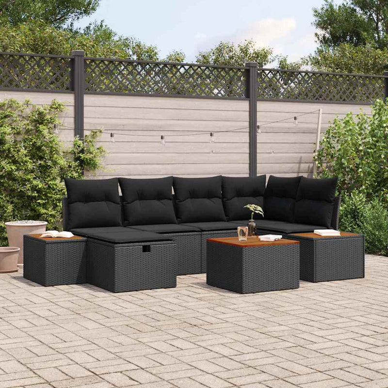 vidaXL Garden Sofa Set with Cushion 7 pcs Black Poly Rattan