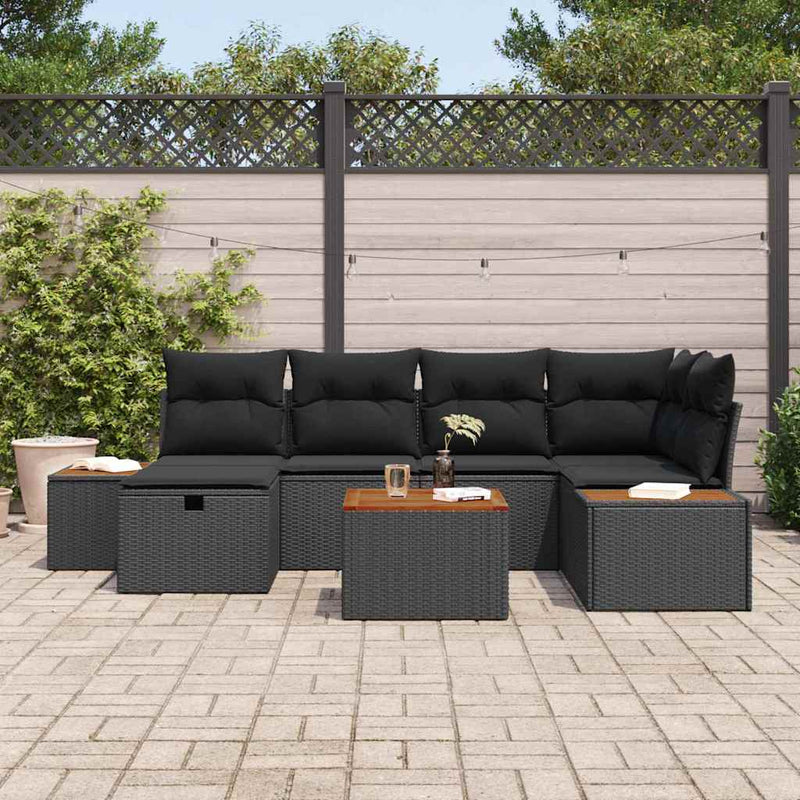 vidaXL Garden Sofa Set with Cushion 7 pcs Black Poly Rattan
