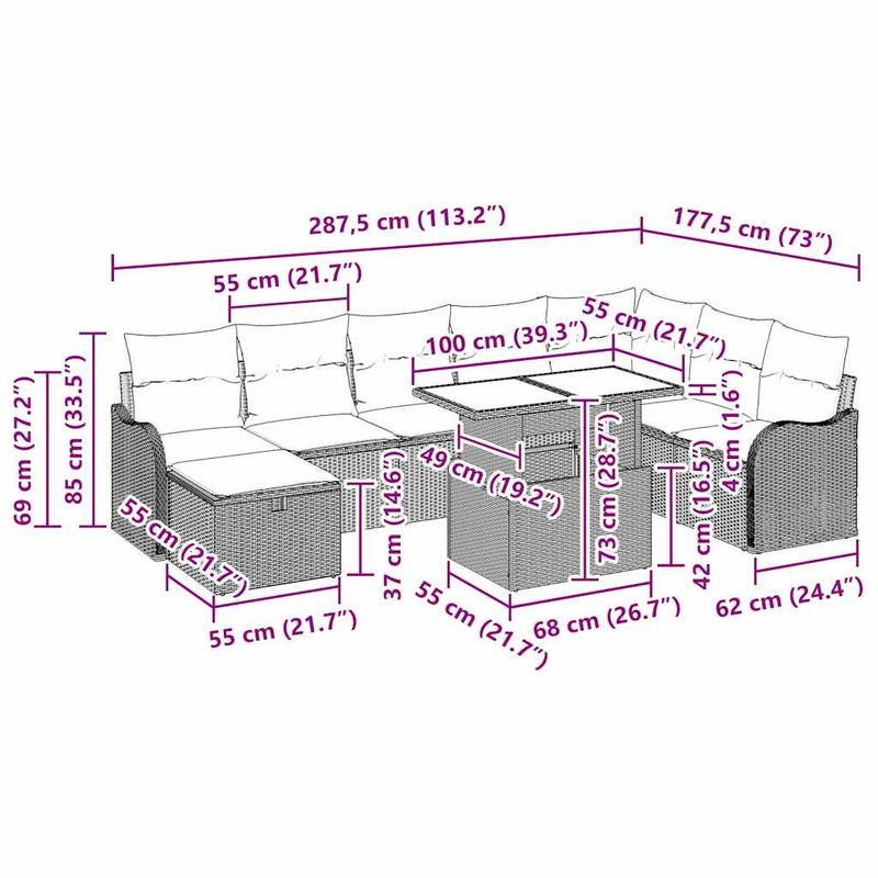 vidaXL Garden Sofa Set with Cushion 9 pcs Black Poly rattan