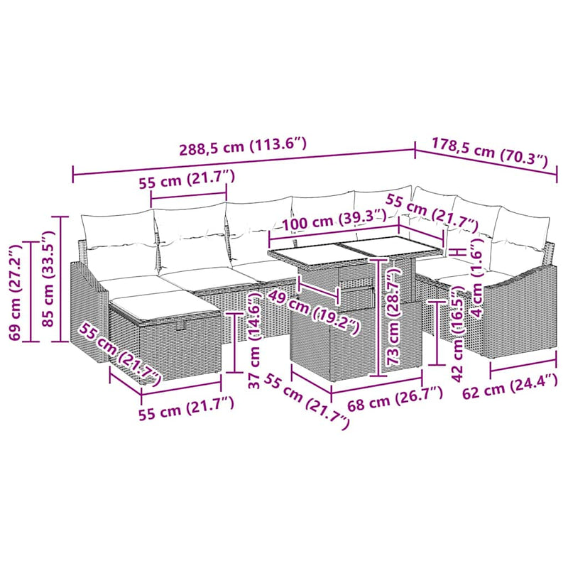 vidaXL Garden Sofa Set with Cushion 9 pcs Grey Poly rattan
