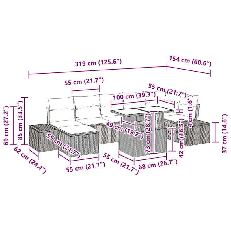 vidaXL Garden Sofa Set with Cushion 8 pcs Black Poly rattan