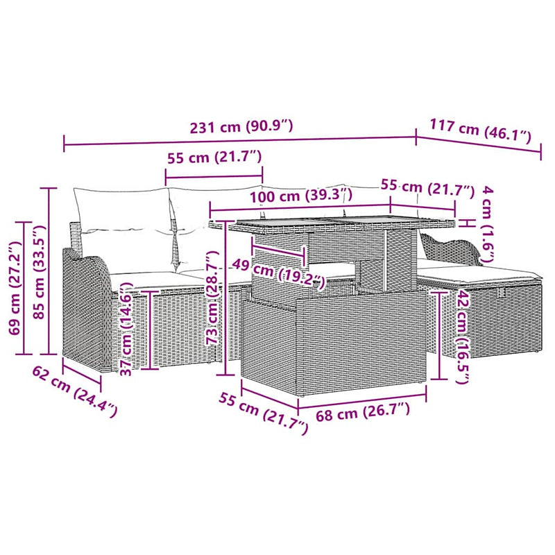 vidaXL Garden Sofa Set with Cushion 6 pcs Grey Poly rattan