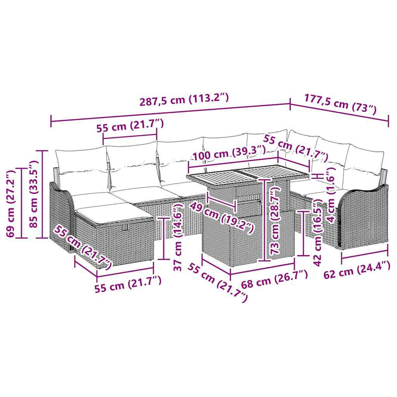 vidaXL Garden Sofa Set with Cushion 9 pcs Black Poly rattan