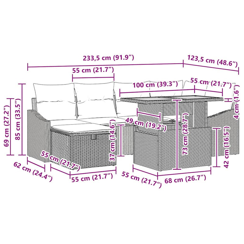 vidaXL Garden Sofa Set with Cushion 7 pcs Grey Poly rattan