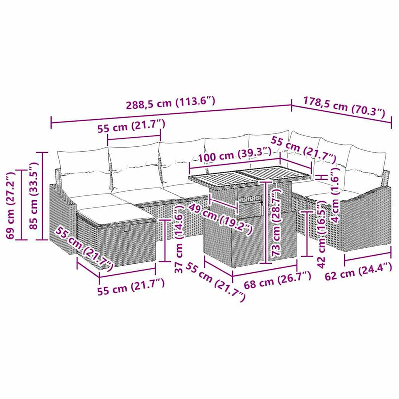 vidaXL Garden Sofa Set with Cushion 9 pcs Grey Poly rattan