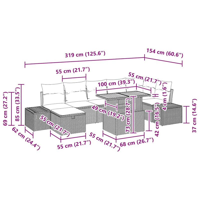 vidaXL Garden Sofa Set with Cushion 8 pcs Black Poly rattan