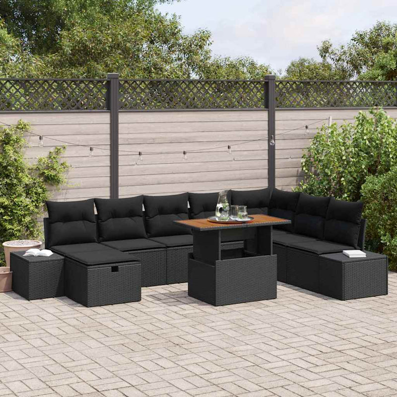 vidaXL Garden Sofa Set with Cushion 9 pcs Black Poly rattan