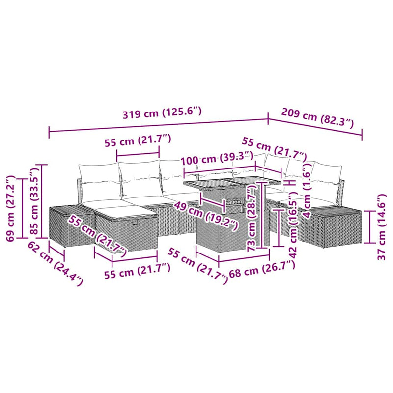 vidaXL Garden Sofa Set with Cushion 9 pcs Black Poly rattan