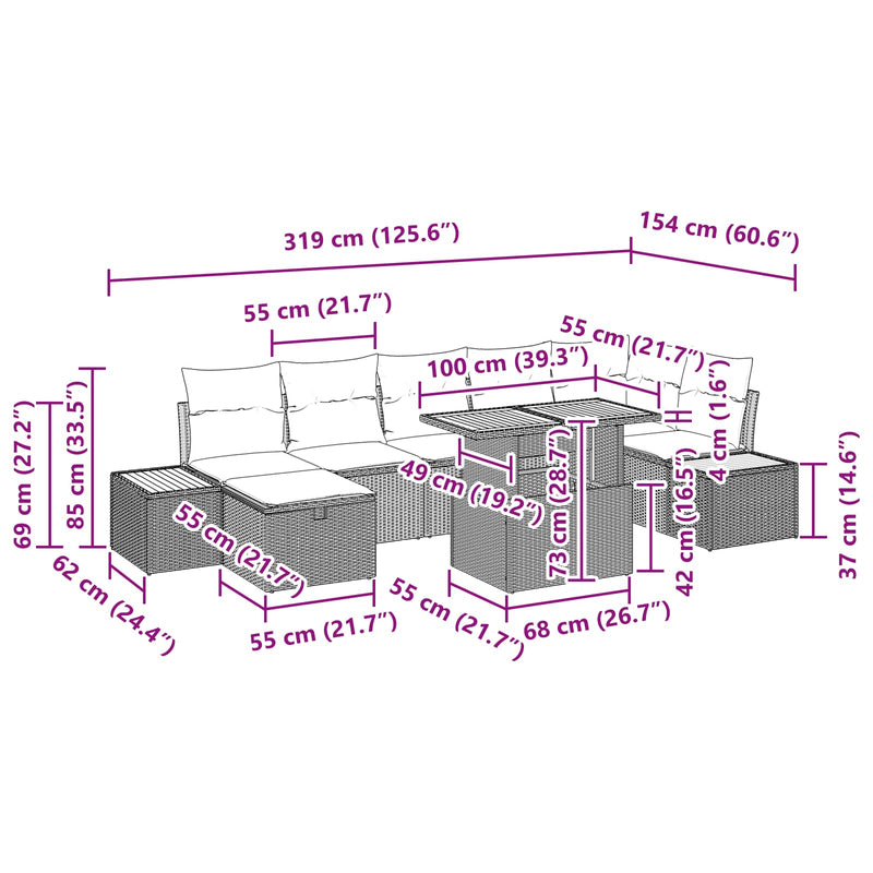 vidaXL Garden Sofa Set with Cushion 8 pcs Black Poly rattan