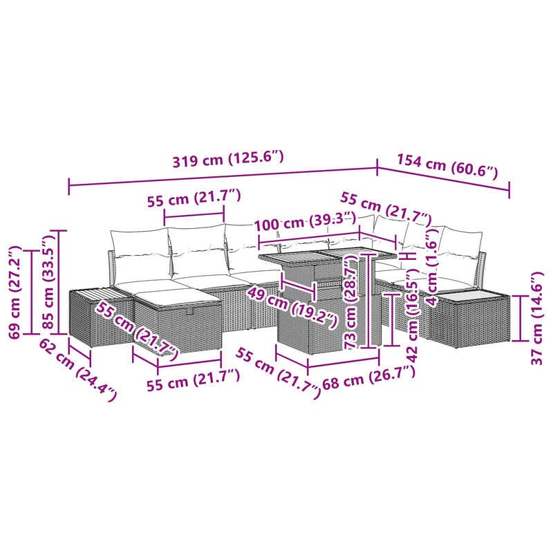 vidaXL Garden Sofa Set with Cushion 9 pcs Black Poly Rattan
