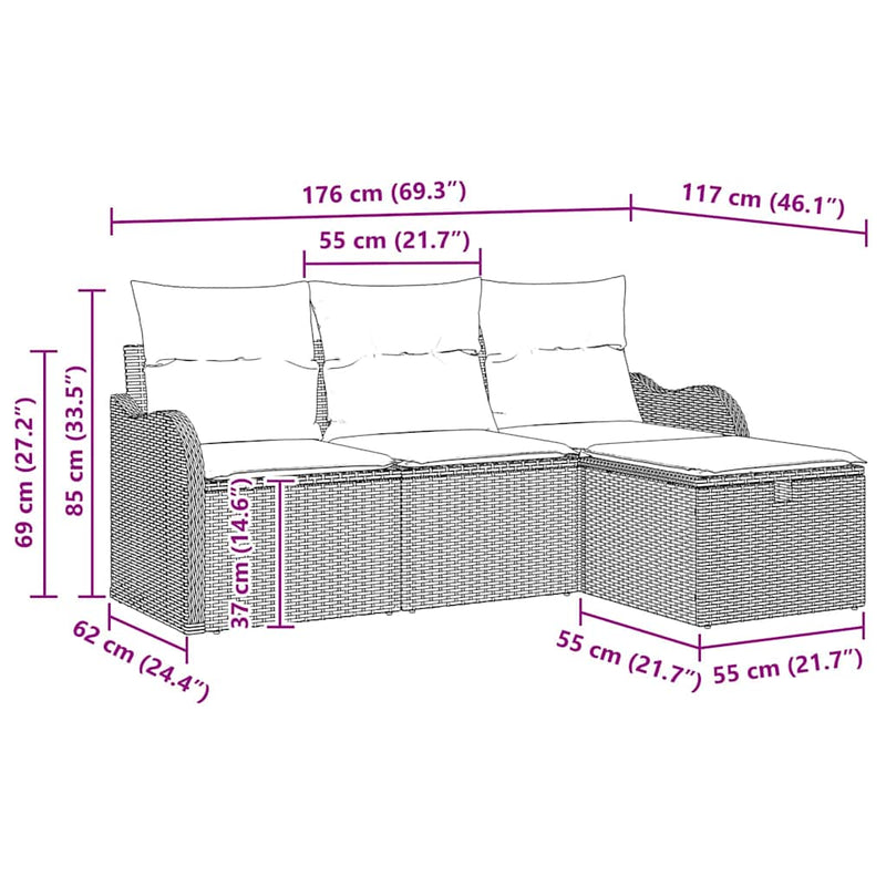 vidaXL Garden Sofa Set with Cushion 4 pcs Black Poly rattan