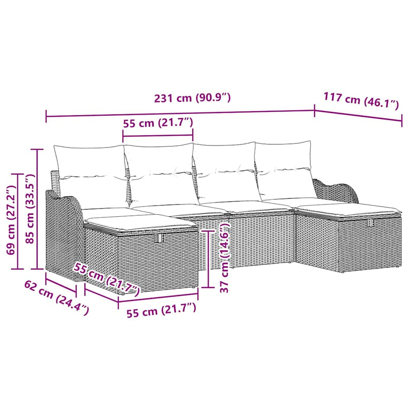 vidaXL Garden Sofa Set with Cushion 6 pcs Black Poly rattan