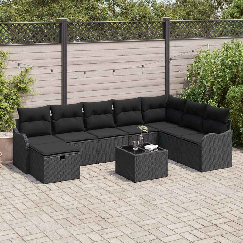 vidaXL Garden Sofa Set with Cushion 9 pcs Black Poly rattan