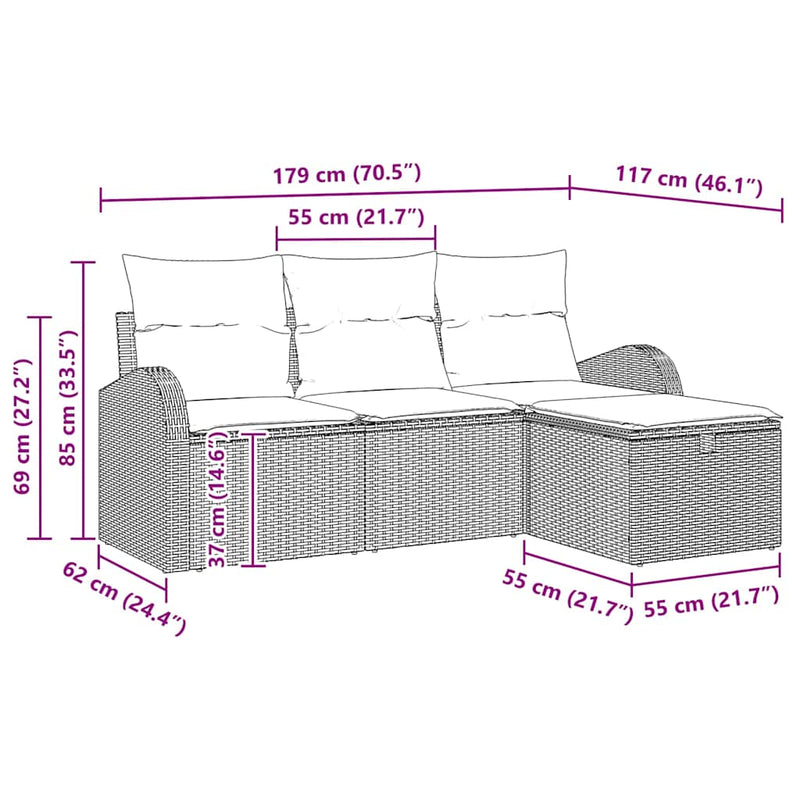 vidaXL Garden Sofa Set with Cushion 4 pcs Grey Poly rattan