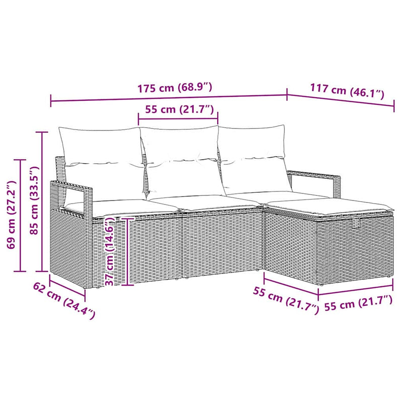 vidaXL Garden Sofa Set with Cushion 4 pcs Grey Poly rattan