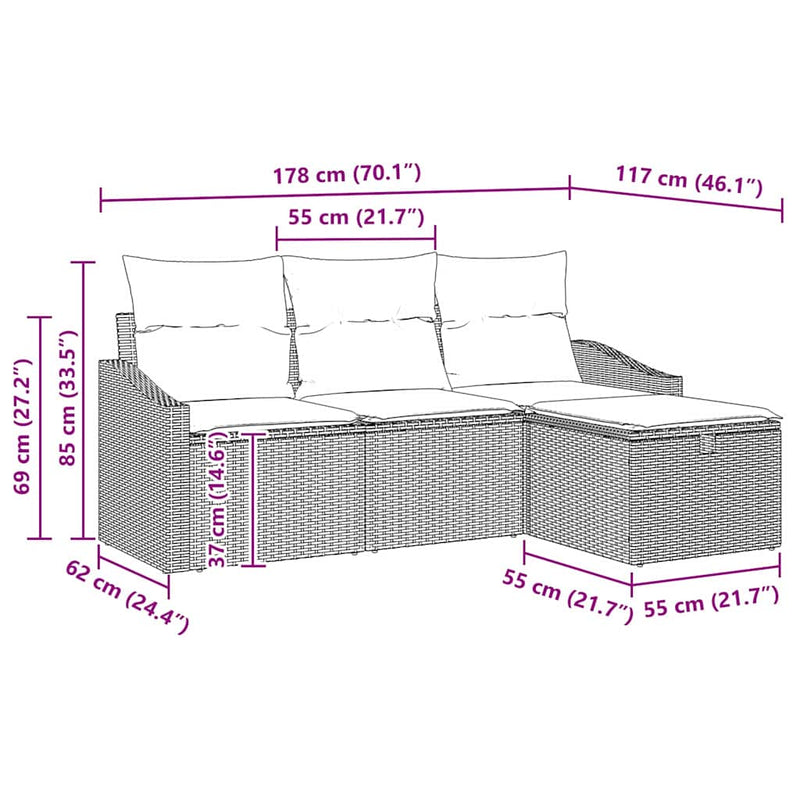 vidaXL Garden Sofa Set with Cushion 4 pcs Grey Poly rattan