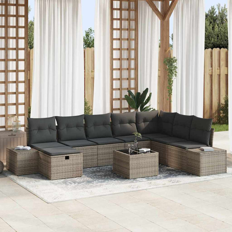 vidaXL Garden Sofa Set with Pillow 9 pcs Grey Poly rattan