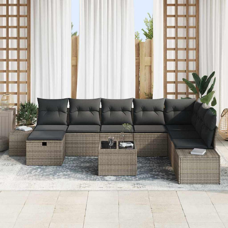 vidaXL Garden Sofa Set with Pillow 9 pcs Grey Poly rattan