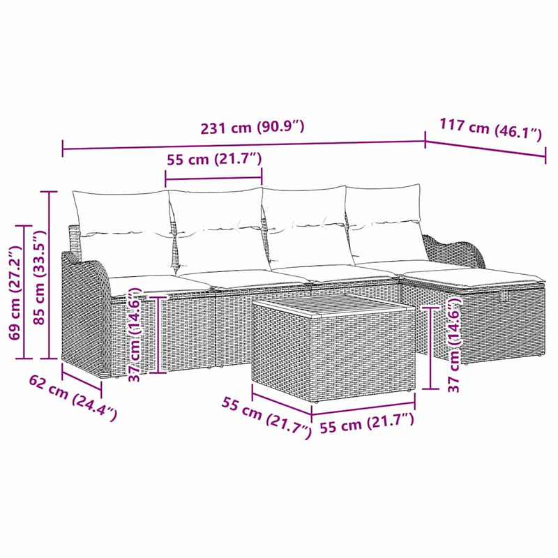 vidaXL Garden Sofa Set with Cushion 6 pcs Black Poly rattan