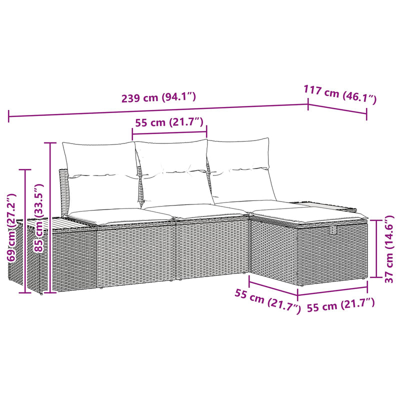 vidaXL Garden Sofa Set with Cushion 4 pcs Black Poly Rattan
