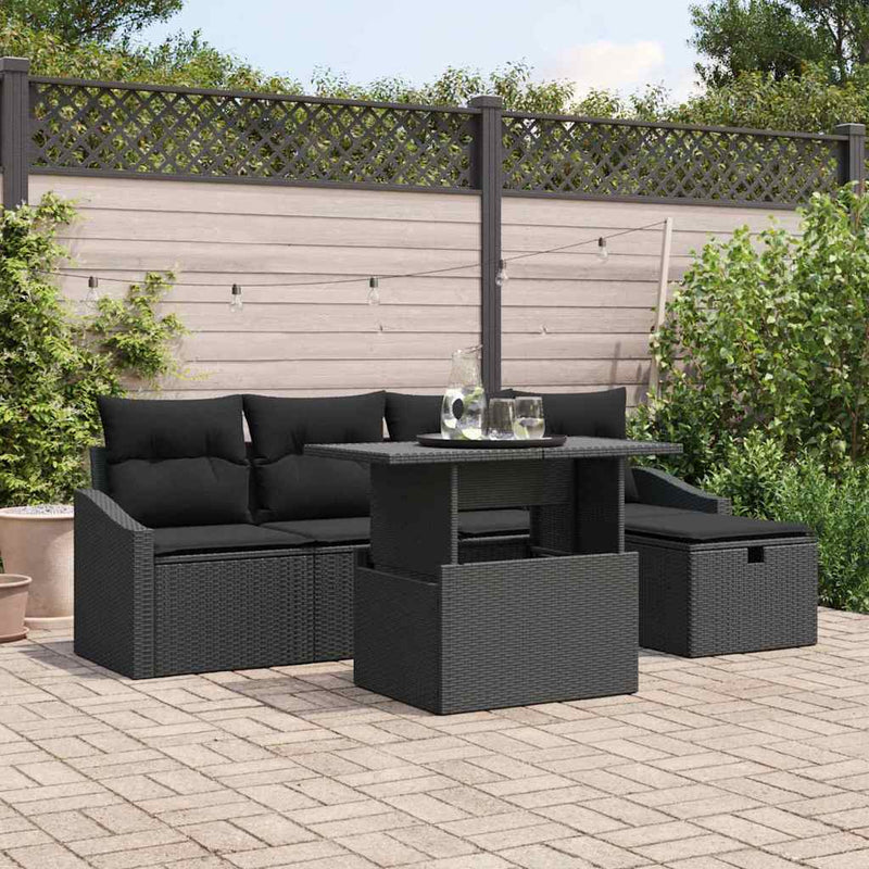 vidaXL Garden Sofa Set Height-Adjustable 6 pcs Black Poly Rattan