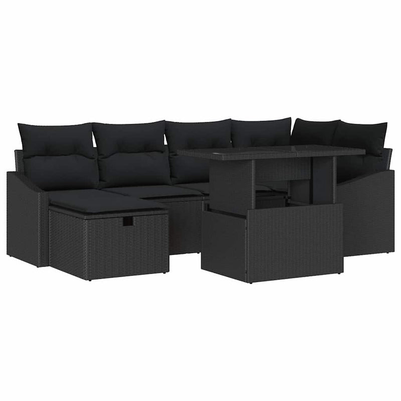 vidaXL Garden Sofa Set Height-Adjustable 7 pcs Black Poly Rattan