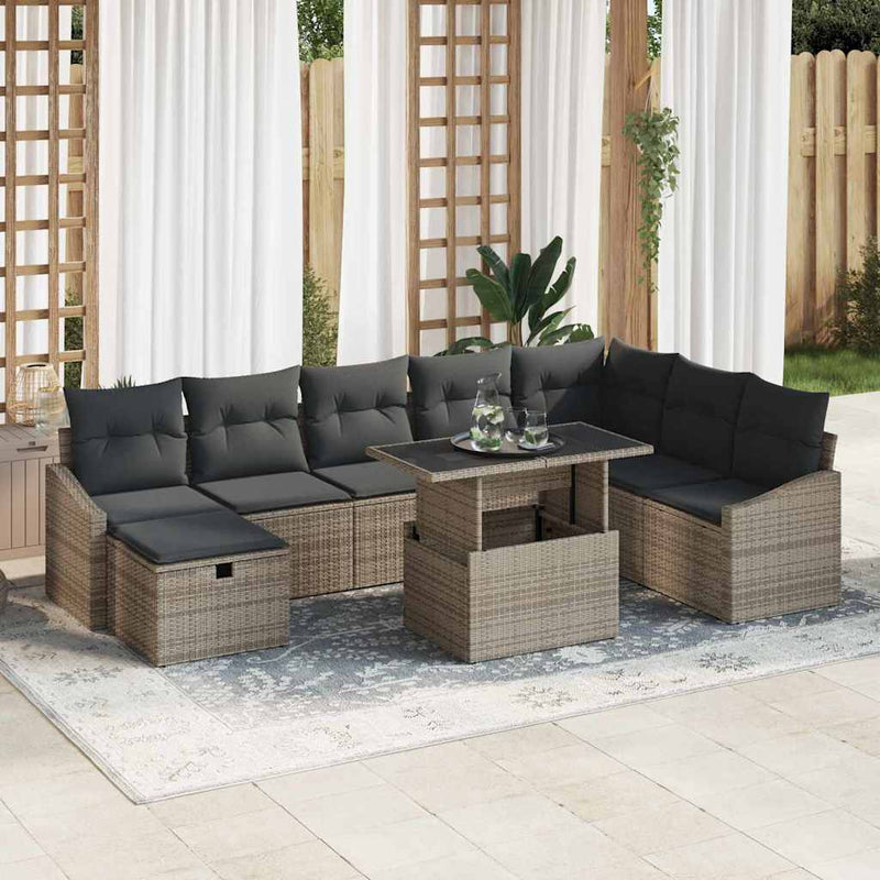 vidaXL Garden Sofa Set Height-Adjustable 9 pcs Grey Poly Rattan