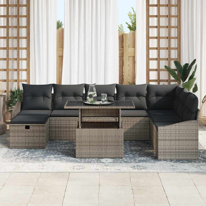 vidaXL Garden Sofa Set Height-Adjustable 9 pcs Grey Poly Rattan