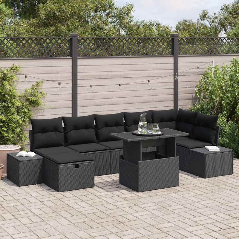 vidaXL Garden Sofa Set Height-Adjustable 8 pcs Black Poly Rattan