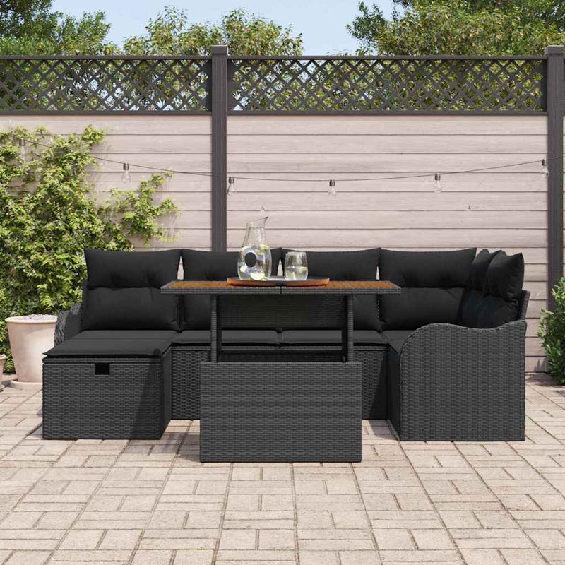 vidaXL Garden Sofa Set Height-Adjustable 7 pcs Black Poly Rattan