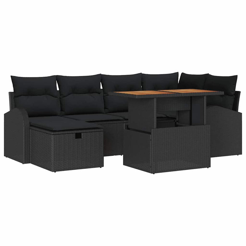 vidaXL Garden Sofa Set Height-Adjustable 7 pcs Black Poly Rattan