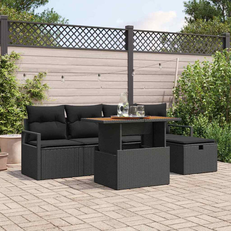 vidaXL Garden Sofa Set Height-Adjustable 6 pcs Black Poly Rattan