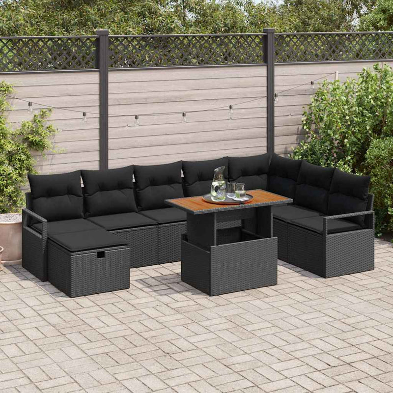 vidaXL Garden Sofa Set Height-Adjustable 9 pcs Black Poly Rattan