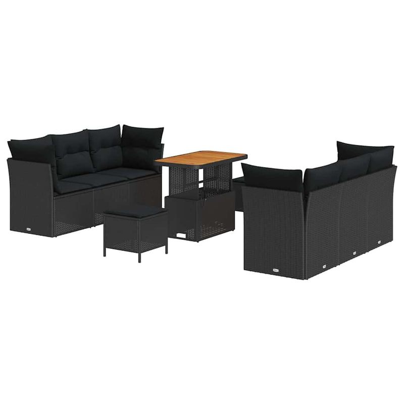 vidaXL Garden Sofa Set with Cushion 9 pcs Black Poly Rattan