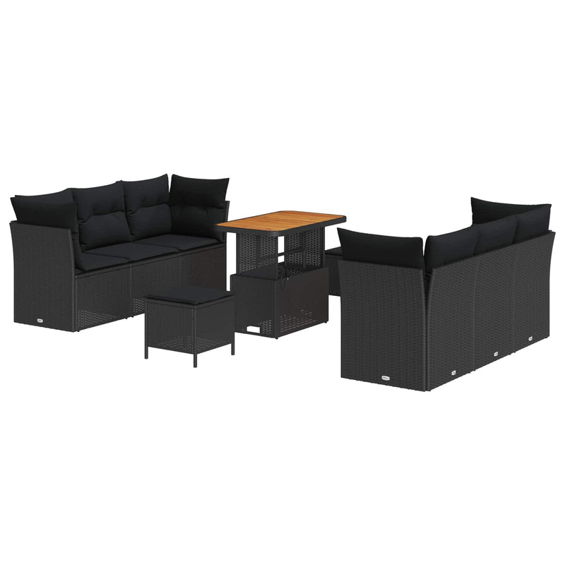 vidaXL Garden Sofa Set with Cushion 9 pcs Black Poly Rattan