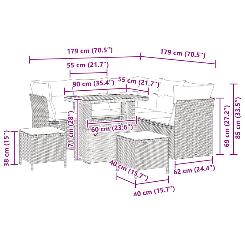 vidaXL Garden Sofa Set Height-Adjustable 8 pcs Black Poly Rattan