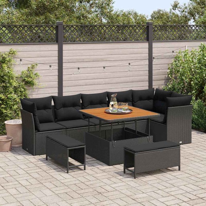 vidaXL Garden Sofa Set Height-Adjustable 9 pcs Black Poly Rattan