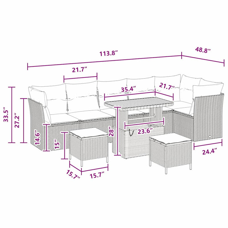 vidaXL Garden Sofa Set Height-Adjustable 9 pcs Black Poly Rattan