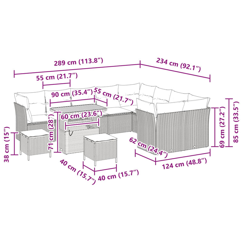 vidaXL Garden Sofa Set Height-Adjustable 12 pcs Black Poly Rattan