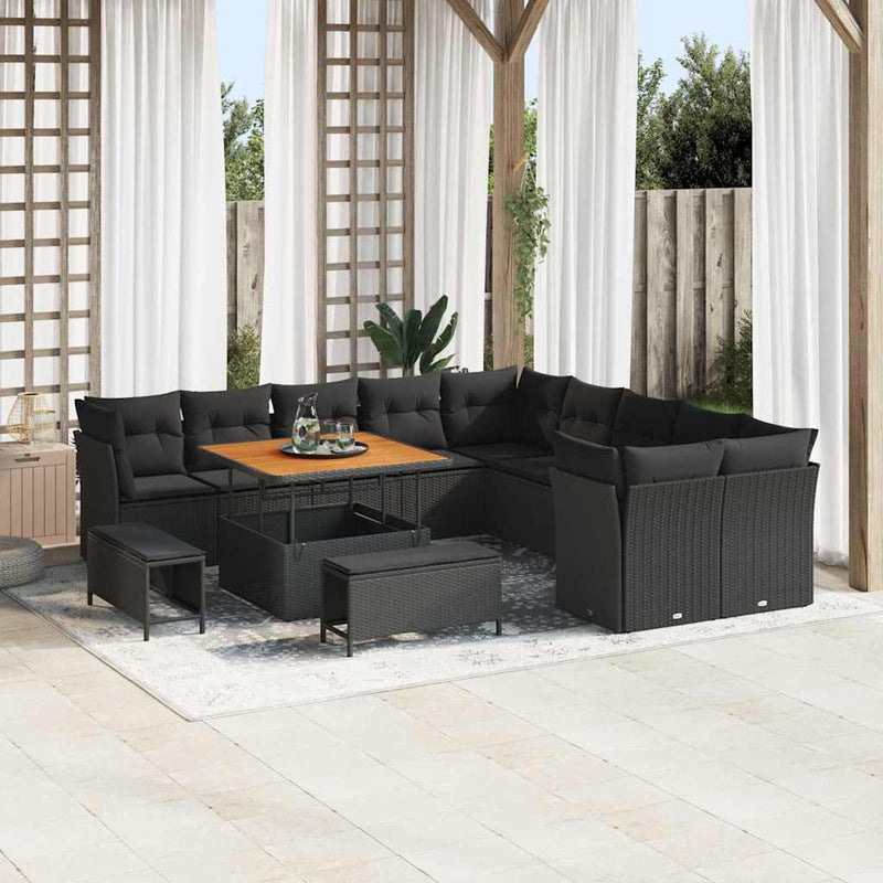 vidaXL Garden Sofa Set Height-Adjustable 13 pcs Black Poly Rattan