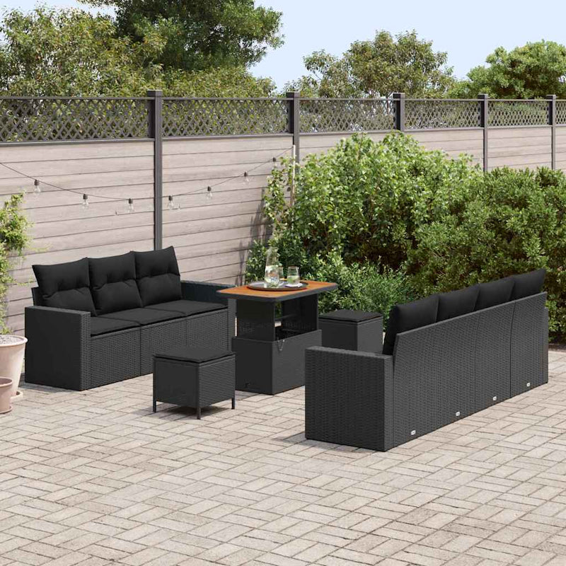vidaXL Garden Sofa Set with Cushion 10 pcs Black Poly Rattan